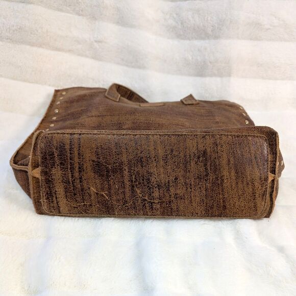 Pilche Brown Distressed Leather Gold Studs Zipper Closure Tote Shoulder Bag - Picture 5 of 9
